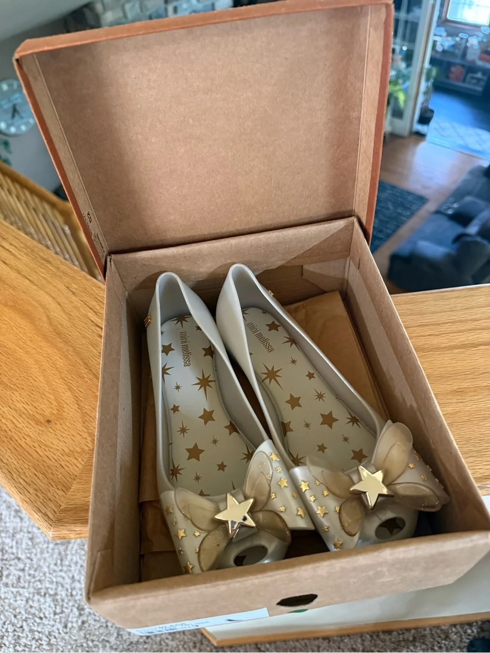 Mini Melissa Girls' Sz 3 Ivory Star Bow Jelly Flats